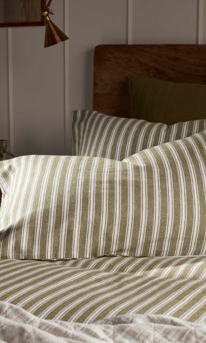 Olive Green  Stripe Brushed 100% Organic Cotton Bed Linen